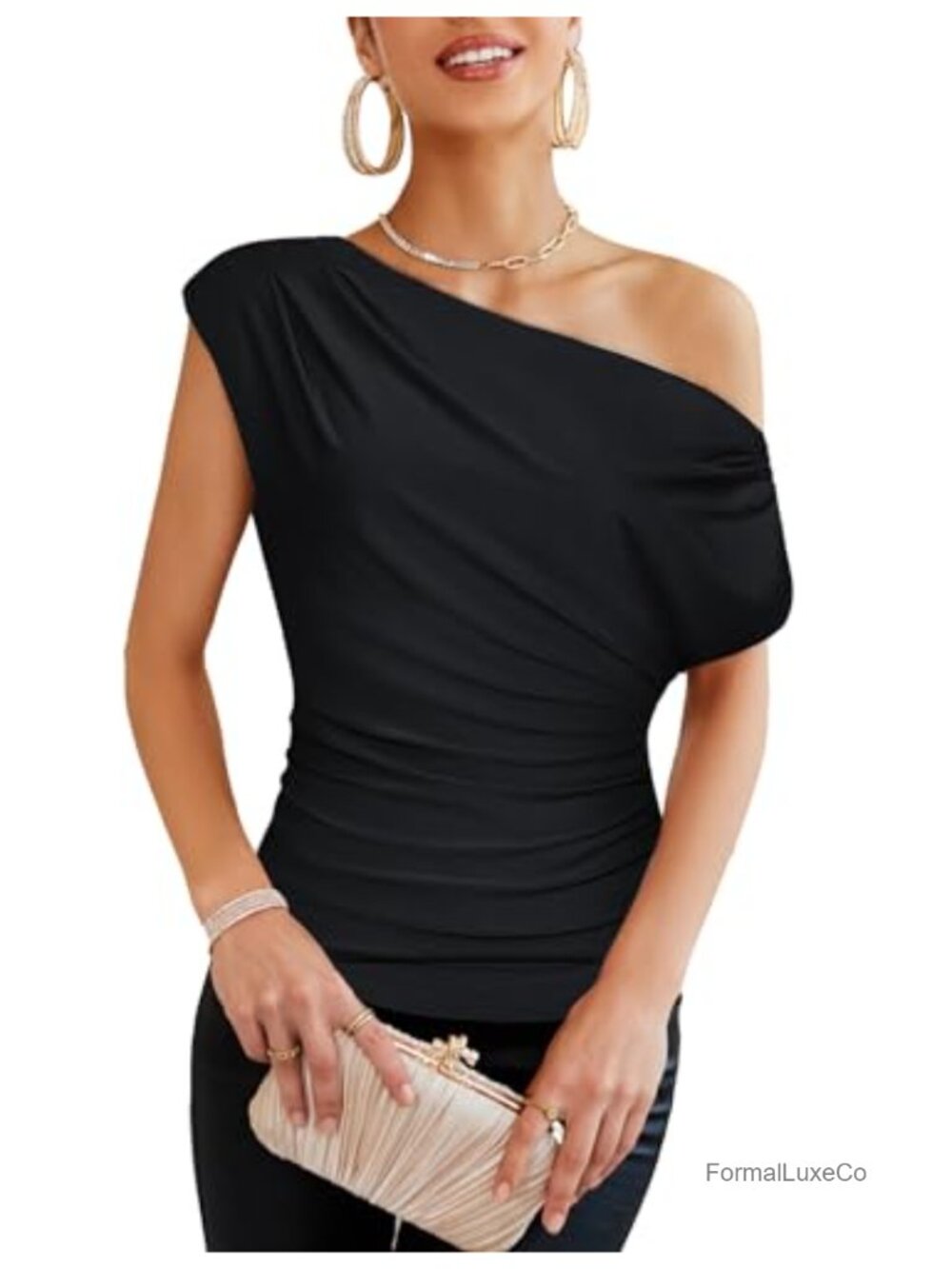 One Shoulder Ruched Sequin Top Women Party Blouse Short Sleeve